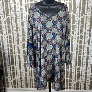 Boho Floral Printed Mini Dress Tunic w Embroidered Trim sz 2XL